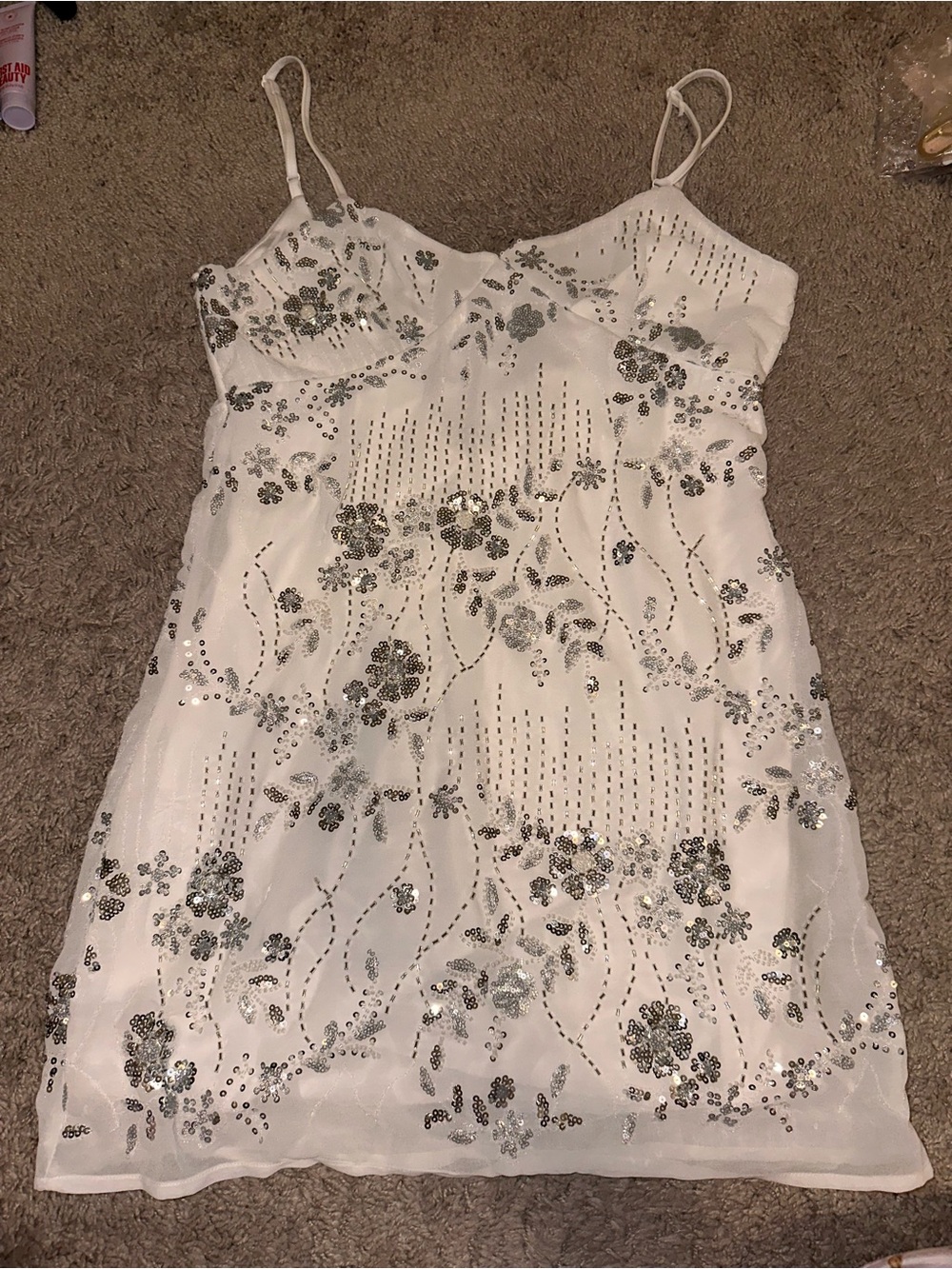 White Sleeveless boho sexy Sequin Floral Slip Dress size medium π€